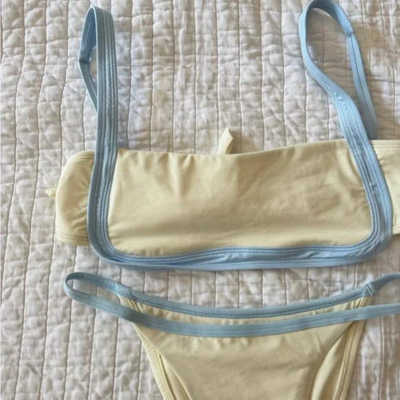 Monday Swimwear Cream and Blue Bikini High Hip Small - Picture 3 of 6